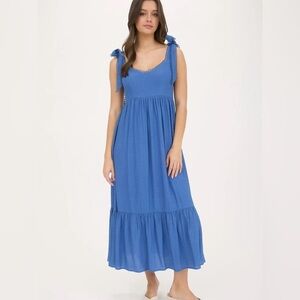 190 - Scallop Eyelet Trim Tie Strap Midi Dress